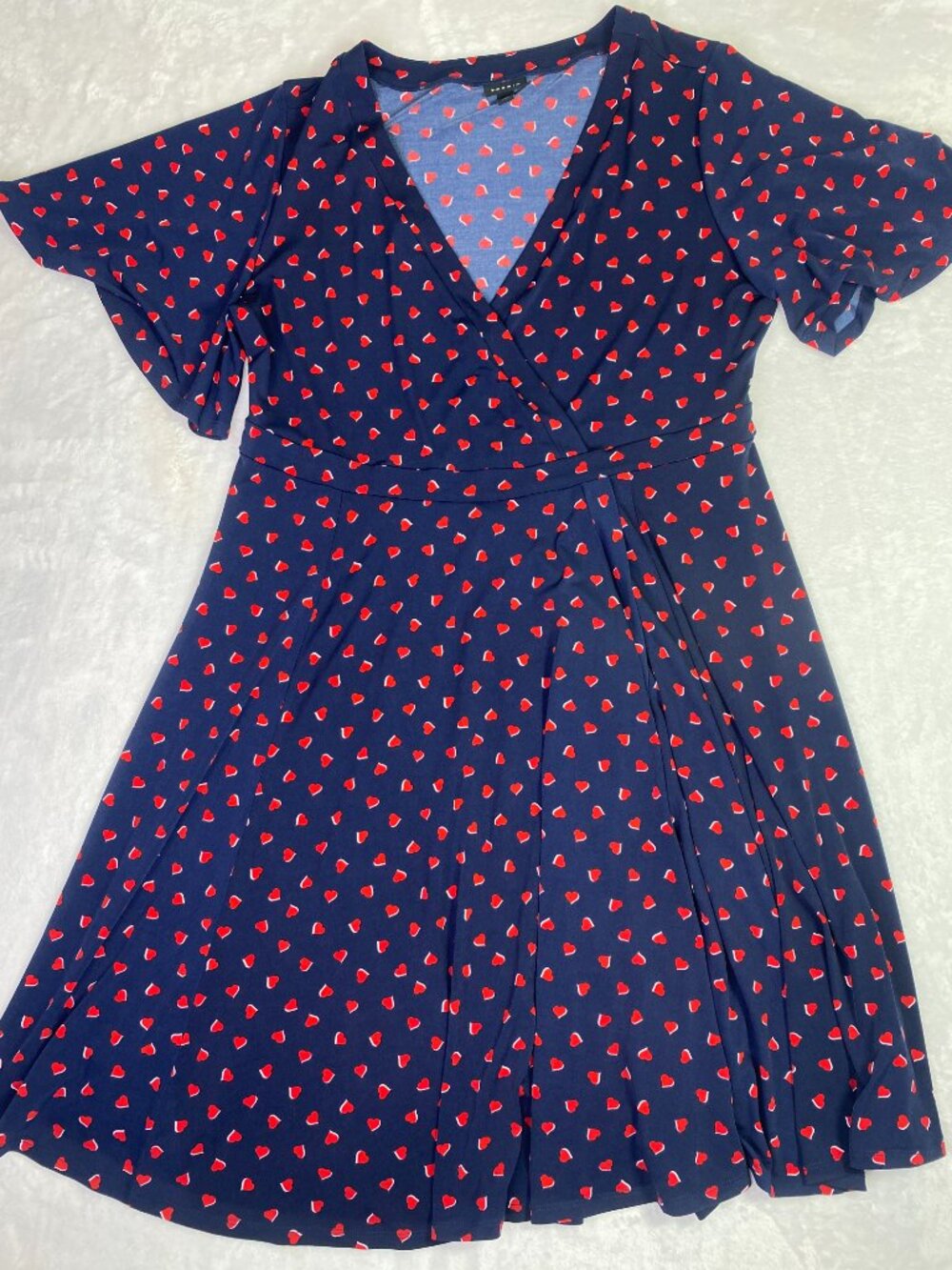 Torrid Blue with Heart Print Wrap Dress Short Sleeve V Neck Knee Size 1, 1X